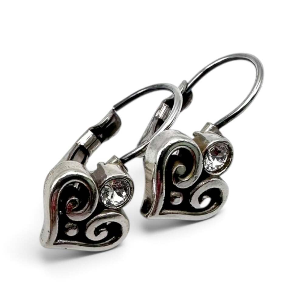 Brighton Alcazar Heart Leverback Earrings Silver Plated Crystal Filigree JE6112